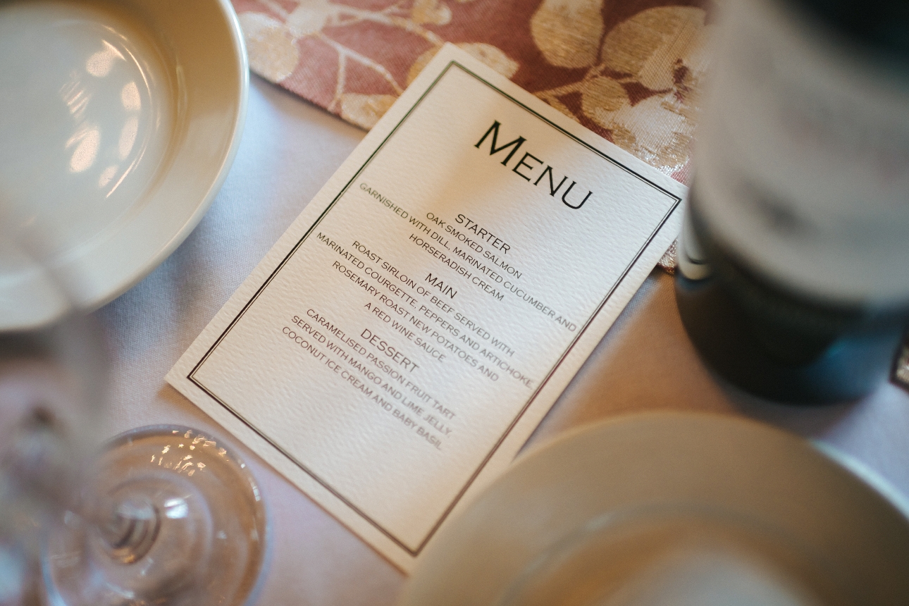 Wedding menu designed by Annabelle Gallagher, designer at Bellapeach Creative in Cheltenham