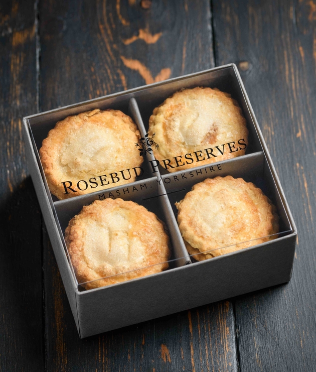 A box of Rosebud Preserves Mince Pies on a table