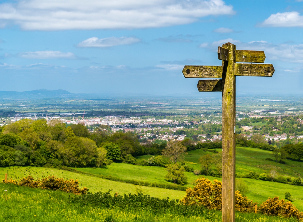 Wooden signpost stands in front of rolling green fields and a town
