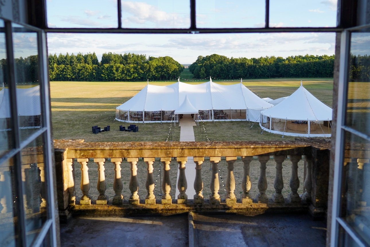 White marquee at Worcester Lodge in the grounds of Badminton Estate