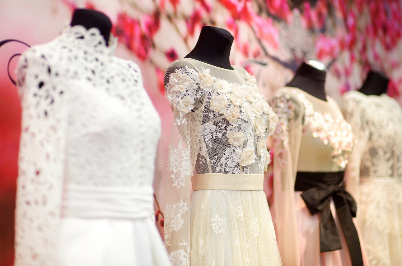 A selection of wedding dresses on display