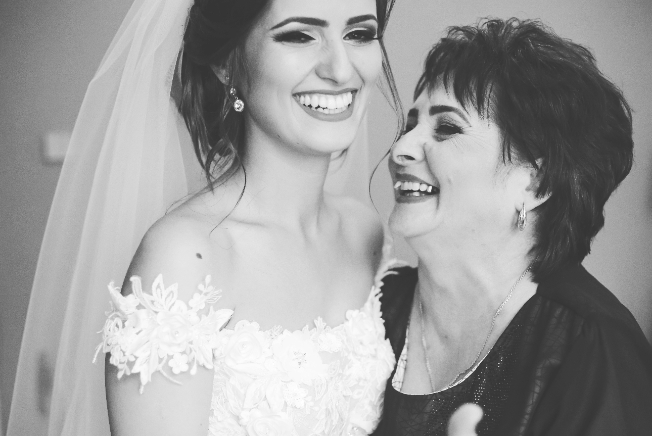 black and white photo of a bride and her mum